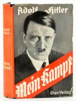 Adolf Hitler: Mein Kampf. Zwei Bände in einem Band. Ungekürzte Ausgabe. München, 1936, Zentralverlag der NSDAP, Frz. Eher Nachf., (M. Müller & Sohn-ny.), 1 (Hitler portréja) t.+XXVI+6+781+11 p. Német nyelven. Kiadói aranyozott egészvászon-kötés, szakadt kiadói illusztrált papír védőborítóban, a papírborító részben a vászonborítóra ragadt.