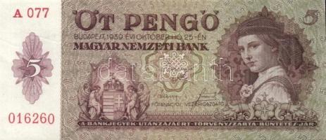 1939. 5P (2x) egyugrású sorszámokkal, erős mindkettő papírráncokkal! T:I