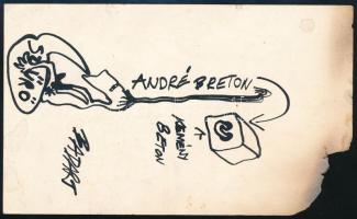 Bada Dada (Bada Tibor, 1963-2006): André Breton, kemény beton. Tus, papír. Jelzett. Hátoldala meghívó 1980-ból a Forum Könyvesboltba. Sérült 16x9,5 cm.