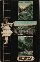 1909 Resica, Resita; Dománi és Berzava völgy, vasgyár. Montázs kislánnyal, Braunmüller L. kiadása / valleys, iron works, factory. Montage with girl (fl)