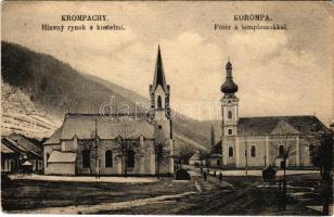 Korompa, Krompach; Fő tér és templomok / Hlavny rynok s kostelmi / main square and churches (EK)