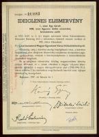 1947. Kötvényhelyettesítő elismervény 1000$ névértékű Budapest/Magyar Egyesített Városi Kölcsönkötvé...