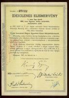 1947. Kötvényhelyettesítő elismervény 1000$ névértékű Budapest/Magyar Egyesített Városi Kölcsönkötvény (5x)egymásutáni sorszámmal sárga színű variáns