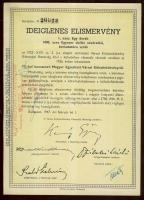 1947. Kötvényhelyettesítő elismervény 1000$ névértékű Budapest/Magyar Egyesített Városi Kölcsönkötvé...