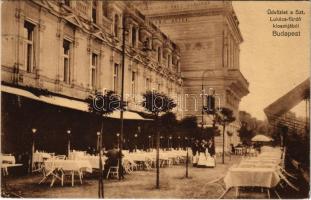 Budapest II. Szent Lukács fürdő kioszkja, nagy szálloda, étterem, terasz pincérekkel (EK)