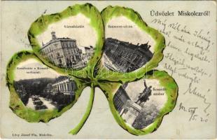 1902 Miskolc, Városháztér, Szemere utca, Erzsébet tér, Kossuth szobor. Lövy József fia kiadása, szecessziós montázs lóherével, Art Nouveau, litho (fa)