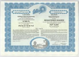 Budapest 1994. "Goldsun Hűtőipari Részvénytársaság" névre szóló részvénye 1000Ft-ról (9x) ...