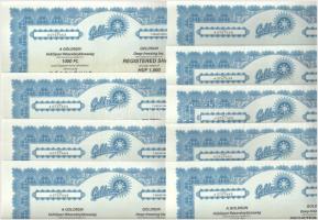 Budapest 1994. "Goldsun Hűtőipari Részvénytársaság" névre szóló részvénye 1000Ft-ról (9x) ...