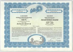 Budapest 1994. "Goldsun Hűtőipari Részvénytársaság" névre szóló részvénye 1000Ft-ról (9x) ...