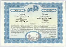 Budapest 1994. "Goldsun Hűtőipari Részvénytársaság" névre szóló részvénye 1000Ft-ról (9x) ...