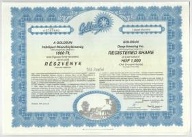 Budapest 1994. "Goldsun Hűtőipari Részvénytársaság" névre szóló részvénye 1000Ft-ról (9x) ...