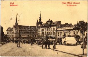 1929 Kolozsvár, Cluj; Piata Mihai Viteazul / Széchenyi tér, piac, Vlad János, Grünwald Jakab, Gergely, Wertheimer üzlete, gyógyszertár / square, market, shops, pharmacy (EB)