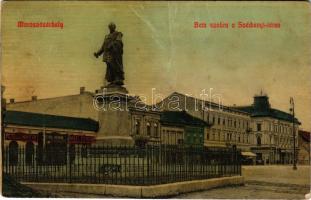 1913 Marosvásárhely, Targu Mures; Bem szobor a Széchenyi téren, petelei Márton, Schul Henrik, Zmael Ferenc üzlete, Központi szálloda / monument, square, shops, hotel (gyűrődések / creases)