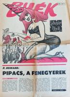 [Rejtő Jenő] P. Howard Pipacs, a fenegyerek. In: Buék 1969! A Magyar Újságírók Országos Szövetségének kiadványa. Szerkesztette Tabi László. (Budapest), [1968]. (Zrínyi ny.) 15 + [1] p. Folio. Az oldalszámozáson belül számos karikatúrát, rajzot tartalmazó szilveszteri kiadvány valódi értéke Rejtő Jenő 1939-ben megjelent ,,Pipacs, a fenegyerek című művének első újraközlése. Mint az köztudott, Rejtő Jenő a Rákosi-korszakban indexre tett szerző volt, rehabilitása 1956-ban kezdődött, amikor Hegedűs Géza utószavával ismét megjelent A láthatatlan légió. Az alkalmi kiadványunkban megjelenő, hat szövegközti illusztrációval kísért ,,Pipacs, a fenegyerek két évvel később elnyerte méltó képregényadaptációját is, Gugi Sándor feldolgozásában (Füles, 1970). Jó állapotú lapok, tűzve, hajtogatásnyommal.