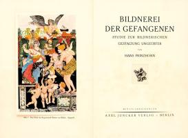 Prinzhorn, Hans: Bildnerei der Gefangenen. Studie zur bildnerischen Gestaltung ungeübter von Hans Prinzhorn. Mit 176 Abbildungen. Berlin, (1926). Axel Juncker Verlag (Druck: F. A. Brockhaus, Leipzig). 60 + [14] p. + 70 t. (ebből 2 színes, felragasztott). Első kiadás. Értekezés az elítéltek képzőművészetéről, számos szövegközi illusztrációval. A táblákon az elítéltek naiv festészeti, szobrászati alkotásai, valamint számos fénykép az elítéltek tetoválásairól, egy olyan időből, amikor még a tetoválás a börtönviseltséghez, a bűnöző életmódhoz kapcsolódott. Az utolsó, számozatlan oldalakon a bűnözők jelnyelvéből 88 írásjegy található, Kajetan Karmayer magyarázatával. Példányunkból három tábla (10, 21, 24.) hiányzik. Kiadói, gerincén enyhén sérült félvászon kötésben, aranyozott címvignettával, felül kék festésű lapszélekkel.