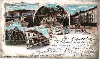 1899 (Vorläufer) Bártfa, Bártfafürdő, Bardejovské Kúpele, Bardiov, Bardejov; Deák szálloda és az új fürdőház, Főforrás, Széchenyi szálloda, Zborói várrom, Tachy udvar az Eschwig féle üzlettel, cukrászda. Schwidernoch Károly műintézete / spa, hotel, bath, spring source, castle ruins (Zborovsky hrad), shop, confectionery. Art Nouveau, floral, litho (vágott / cut)