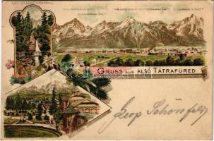 1898 (Vorläufer) Alsótátrafüred, Tátrafüred, Unter-Schmecks, Dolny Smokovec (Magas-Tátra, Vysoké Tatry); Óriás vízesés, Tátrafüred, gőzmozdony, vonat / waterfall, locomotive, tarin. Art Nouveau, floral, litho (fl)