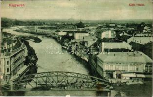 1907 Nagyvárad, Oradea; Körös részlet, zsinagóga, híd, Gazdasági és Iparbank, Strohmayer, Janky Antal üzlete. Vidor Manó kiadása / Cris riverside, synagogue, bridge, bank, shops (fl)