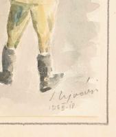 Ujváry Lajos (1925-2006): Katonák, 1956. Akvarell, papír, jelzett. Papírra kasírozva. 22x17 cm