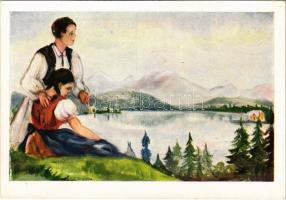 Tátra, Magas-Tátra, Vysoké Tatry; Csorba-tó. Kiadja a Magyar Nemzeti Szövetség, Don Bosco Ny. / Hungarian irredenta art postcard from Strbské Pleso (Vysoké Tatry) s: Nógrády Magda