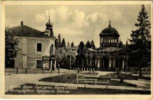 Bártfa-gyógyfürdő, Bardejovské Kúpele, Bardiov, Bardejov; park, főforrás, cukrászda, A. Waldman zsidó kóser vendéglője, B. Danay üzlete. Mor. Salgo kiadása / Jedalna, Cukrarna / park, spring well, confectionery, Jewish kosher restaurant, shop (EK)