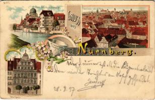 1897 (Vorläufer!) Nürnberg, Nuremberg; Insel Schütt mit Synagoge, Panorama mit Burg, Pellerhaus, Nürnberger Trichter / synagogue, general view. Art Nouveau, floral, litho (fl)