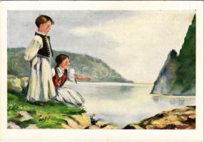 Orsova, A mi Aldunánk. Buda, Mohács, Nándornál elfutó, tán honom könnye vagy te nagy folyó? Kiadja a Magyar Nemzeti Szövetség, Hornyánszky Viktor rt. / Hungarian irredenta propaganda art postcard from Orsova s: Márton L.