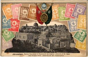 1917 Jerusalem, Church of St.Anne and Temple Area. Art Nouveau embossed litho with stamps and flags (tear) + FELDPOST MIL. MISS. JERUSALEM + K.u.k. Gebirgshaubitz Batterie 1/4.