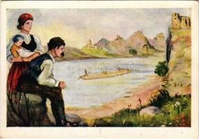 Vágvölgy, Váh Valley, Povazie; A Vág völgye, vize fája magyar vágya, tutajos cserkészek. Kiadja a Magyar Nemzeti Szövetség, Don Bosco / Hungarian irredenta propaganda art postcard from Váh river, scouts rafting s: Márton L. - Nógrády M.