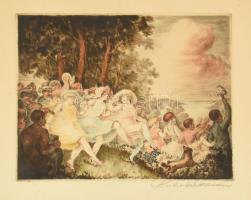 Prihoda István (1891-1965): Majális. Színezett rézkarc, papír, jelzett. Sérült. 25x32 cm