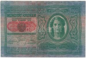 1912. 100K piros "DEUTSCHÖSTERREICH" felülbélyegzéssel, "2426 89323" sorszámmal ...