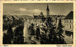 1939 Kassa, Kosice; Fő utca északi része, üzletek, szökőkút. Kiadja Fried / main street, shops, fountains (ázott sarkak / wet corner)