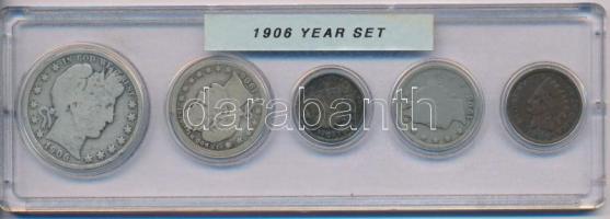 Amerikai Egyesült Államok 1906. 1c bronz - 1/2$ Ag (5xklf) forgalmi összeállítás műanyag tokban T:F USA 1906. 1 Cent bronze - 1/2 Dollar Ag (5xdiff) coin set in plastic case C:F