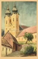 Daday Kálmán (1904-1990): Tihanyi apátság, 1971. Akvarell, papír, jelzett. Paszpartuban. 45×28,5 cm