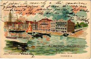 1925 Venezia, Venice; Albergo Gabrielli Ex Sandwirth Riva degli Schiavoni / The Hotel Albergo Gabrielli, formerly known as Hotel Sandwirth, owned by Joh. Perkhofer, steamship, litho (b)