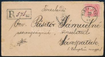 1885 Ajánlott levél Színesszámú 5kr + hátoldalán 10kr bérmentesítéssel TISZA-NÁNA - SÁROS N: PATAK