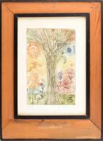 Kondor Lajos (1926-2006): Életfa. Színes rézkarc, papír, jelzett, üvegezett fakeretben, 30×19,5 cm