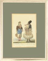 Bikkessy Heinbucher József (1767-1833): Egy Pest vármegyei paraszt és egy szolgáló. Színezett rézmetszet, papír. Jelzés nélkül. Üvegezett fakeretben, 21×16 cm