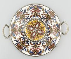 Art deco német fajansz betétes tálca, 3 gömb lábon, jelzett, minimális kopottsággal, d: 20,5 cm