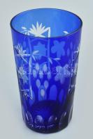 Dúsan csiszolt kristály kék üdítőspohár szett, 6 db, original dobozban, hibátlan, m: 14,5 cm