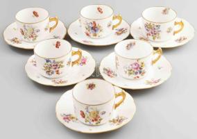 Hüttl Tivadar virágmintás 6 darab csésze alátéttel. Jelzett, kézzel festett, kopással, d: 16 cm