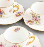 Hüttl Tivadar virágmintás 6 darab csésze alátéttel. Jelzett, kézzel festett, kopással, d: 16 cm