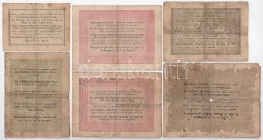 1848-1849. 6db-os Kossuth bankóból álló tétel, benne: 1848. 1Ft + 2Ft "GM 6932" + 5Ft vörö...