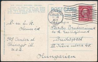 1924 Sárdy Brutus (1892-1970) festőművésznek és családjának küldött újévi üdvözlet Henczéktől, Chicagoi képeslapon.