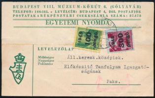 1946 (6. díjszabás) Céges távolsági levelezőlap Kisegítő 100P/12f + 300P/30f bérmentesítéssel BUDAPEST - Paks