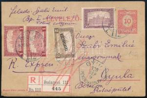 1920 Ajánlott 10f díjjegyes levelezőlap Parlament 50f + 2 x 1K + Köztársaság/Parlament 2K díjkiegészítéssel BUDAPEST - GYULA / PÉNZROVATOLÁS
