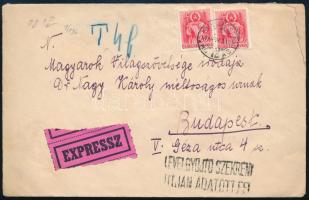 1941 Expressz levél 2 x 20f bérmentesítéssel 4f portóval "LEVÉLSZEKRÉNY ÚTJÁN ADATOTT FEL" bélyegzéssel