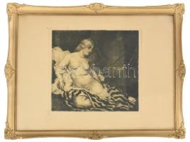 Csók István (1865-1961) - Prihoda István (1891-1956): Thámár (akt). Rézkarc, papír, jelzett (Csók I. és Prihoda), üvegezett fakeretben, 21,5x23 cm