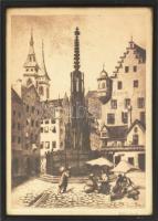 Fábián Gyula (1884-1955): Schöner Brunnen, Nürnberg. Rézkarc, papír, jelzett, üvegezett fakeretben, 36x26 cm