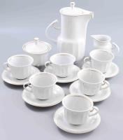 Hollóházi teás készlet. Bordás formavilágú, aranyozott. Jelzett, kis kopással, teljes.